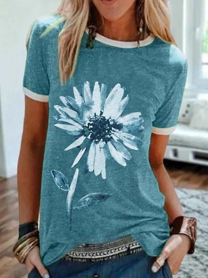 Zolucky Women Crew Neck Casual Floral Printed Tee Shirt T