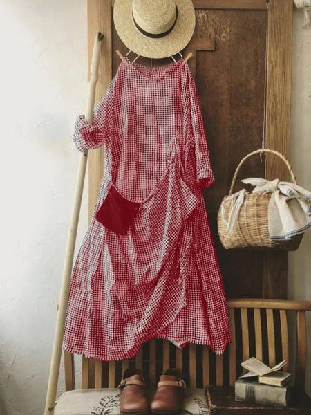 Women Vintage Plaid Long Sleeve Casual Maxi Weaving Dress