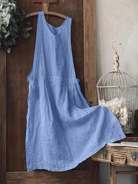 Women Vintage Plain Sleeveless Plus Size Casual Maxi Weaving Dress