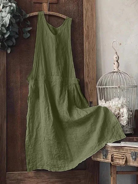 Women Vintage Plain Sleeveless Plus Size Casual Maxi Weaving Dress