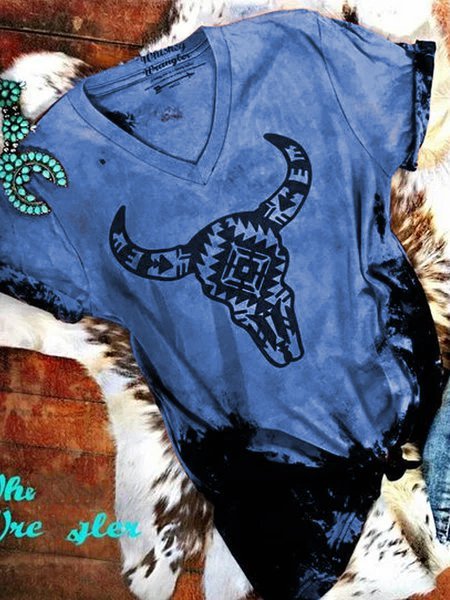 Women Summer Daily Vintage Oxhead Printed V Neck Short Sleeve Tee Shirt