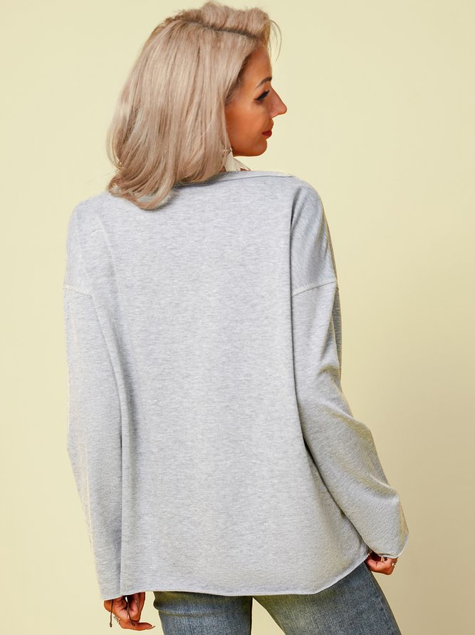 Gray V Neck Letter Casual Cotton Sweatshirts