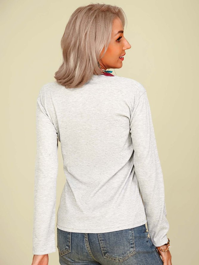 Casual Solid Long Sleeve Knitted Henley T-shirt Tops