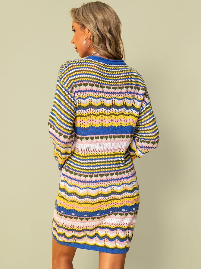 Knitted Boho Striped Crew Neck Knitting Dress zolucky