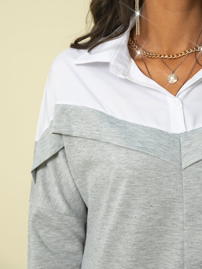 Color-Block Shirt Collar Casual Long Sleeve Tops