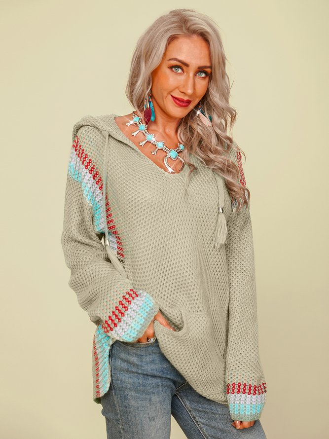 Knitted V Neck Long Sleeve Casual Sweatshirts