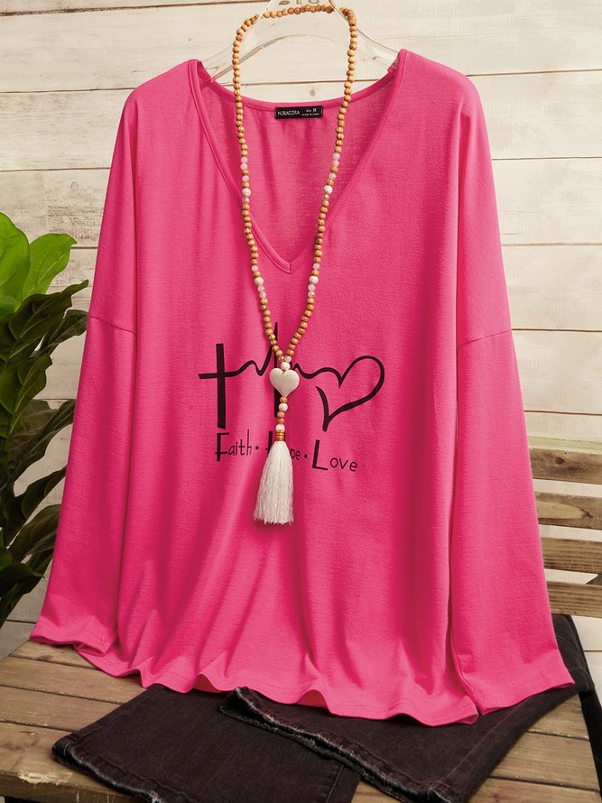 Casual Long Sleeve V Neck Heart Printed Top Pink T-shirt