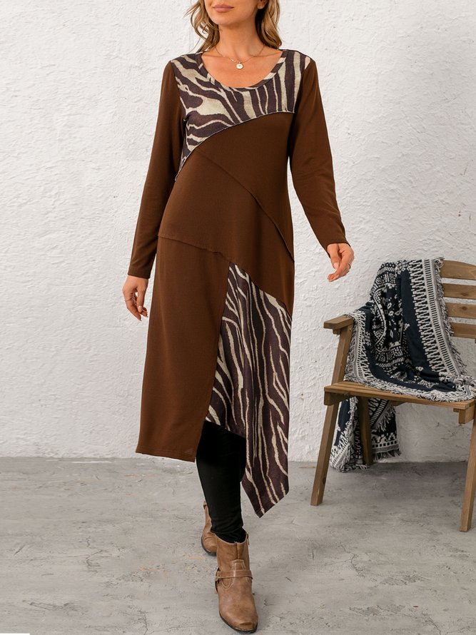 Coffee Zebra Floral-Print Long Sleeve High Low Knitting Dress