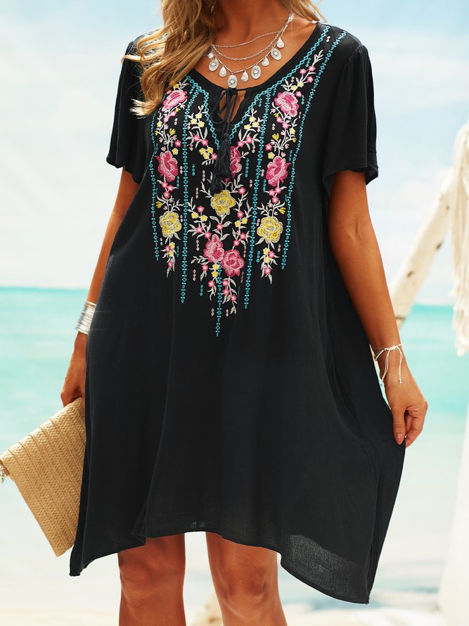 Embroidered Short Sleeve A-Line Tribal Weaving Dress