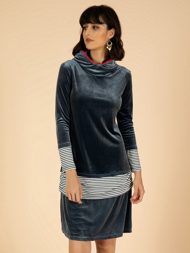 Long Sleeve Paneled Stripes Hoodie Knitting Dress