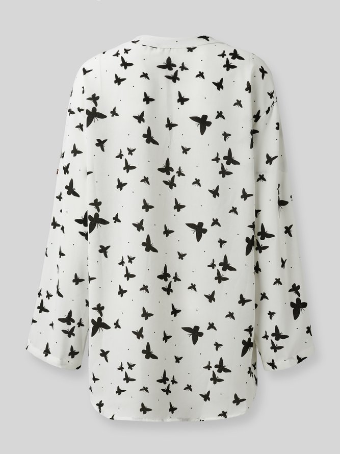 White Casual Butterfly Printed Long Sleeve Shift Blouse