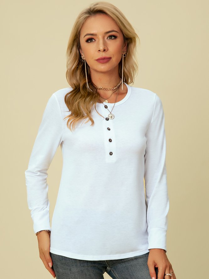 Solid Casual Long Sleeve V Neck Tops