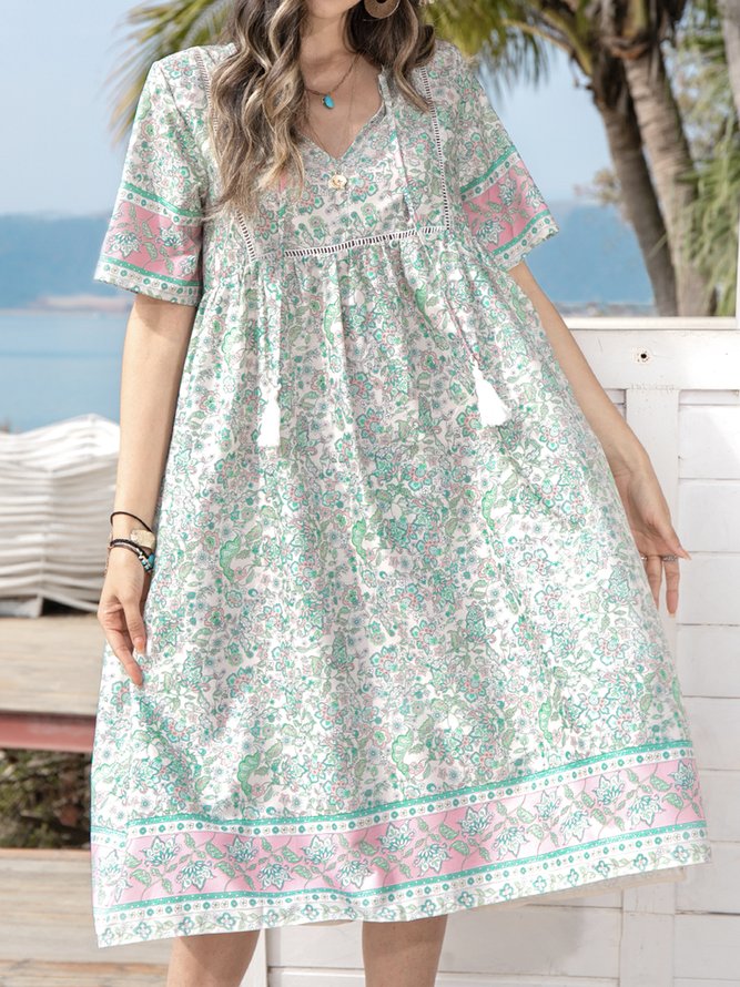 Women Boho Floral-Print Half Sleeve Casual Dress