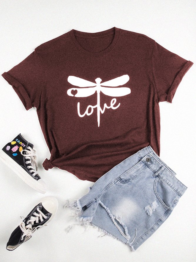Vintage Love Dragonfly Printed Plus Size Short Sleeve Crew Neck Casual Tops