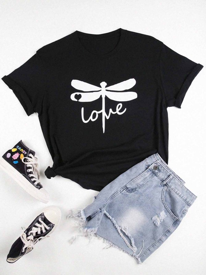 Vintage Love Dragonfly Printed Plus Size Short Sleeve Crew Neck Casual Tops