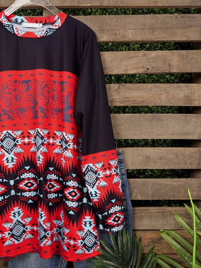 Vintage Crew Neck Printed Long Sleeve Shirt & Top