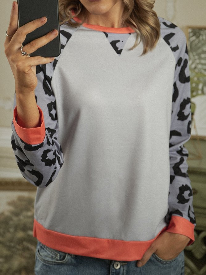 Color-Block Leopard Long Sleeve Casual Sweatshirts