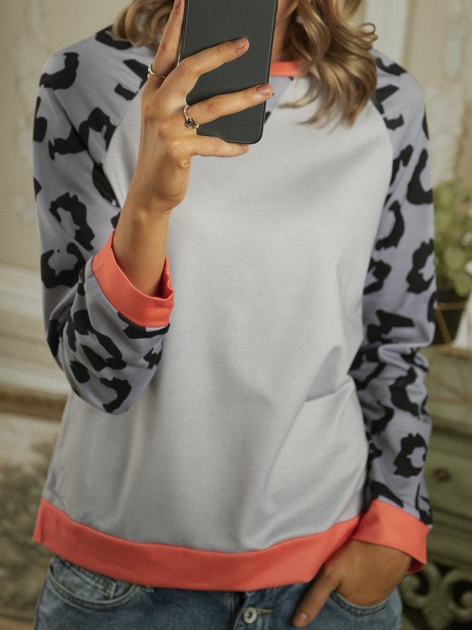 Color-Block Leopard Long Sleeve Casual Sweatshirts