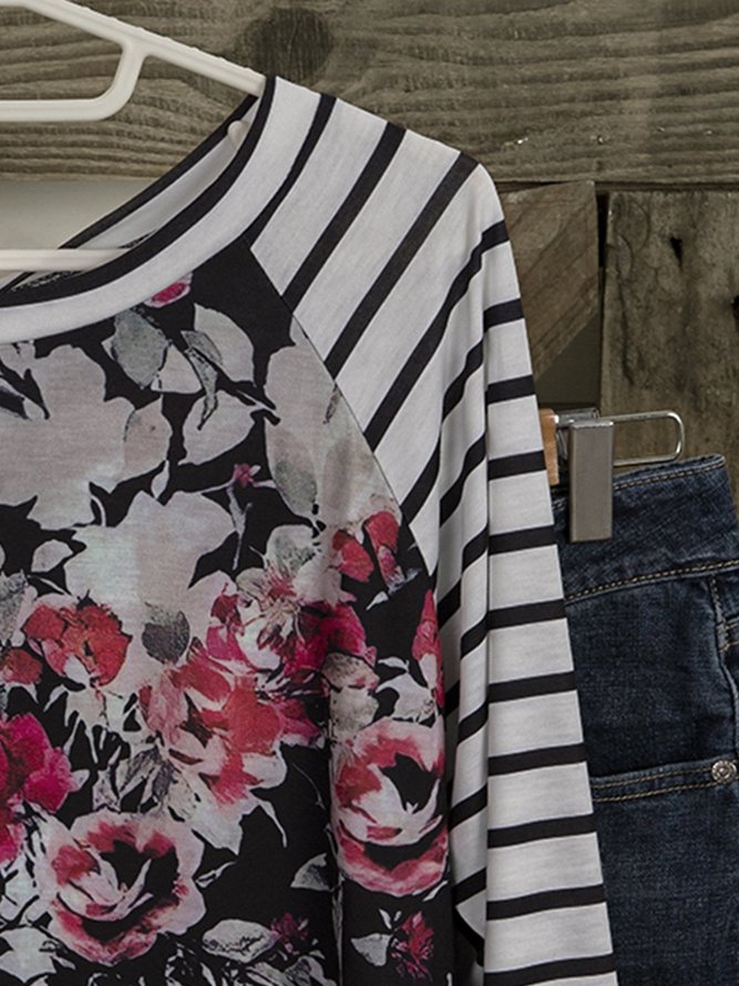 Floral-Print Cotton-Blend Long Sleeve Casual T-shirt