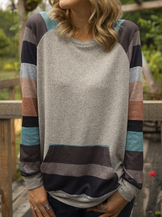 Gray Floral-Print Stripes Crew Neck Casual Sweatshirts