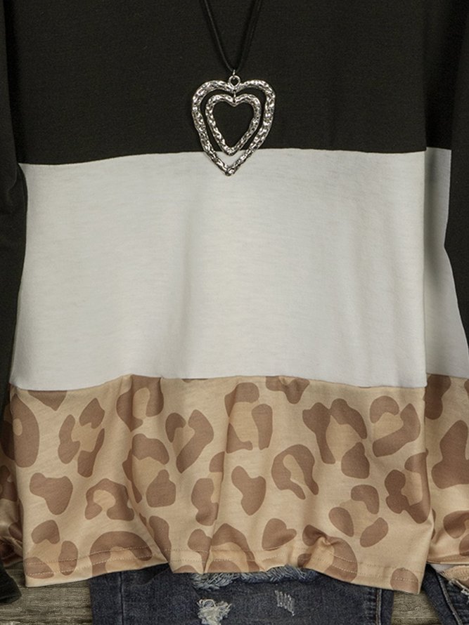 Long Sleeve Printed Lightweight Cotton-blend Crew Neck Winter Leopard print Top