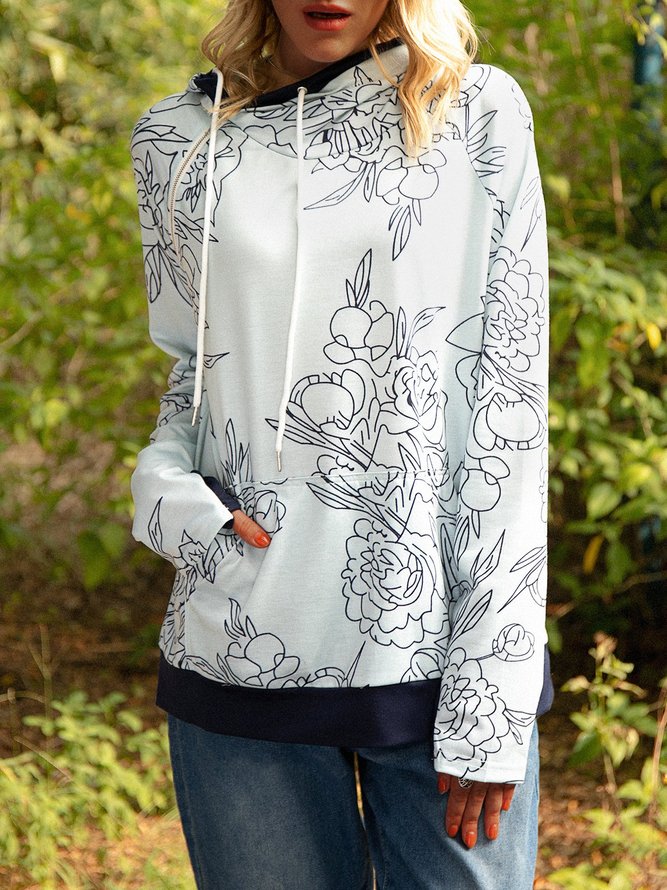 Gray Floral-Print Hoodie Long Sleeve Sweatshirts