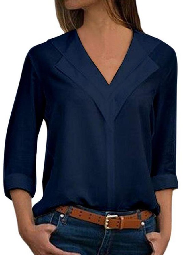 zolucky Women V-Neck Solid Color Long Sleeve Blouse | Tops | Plain V ...