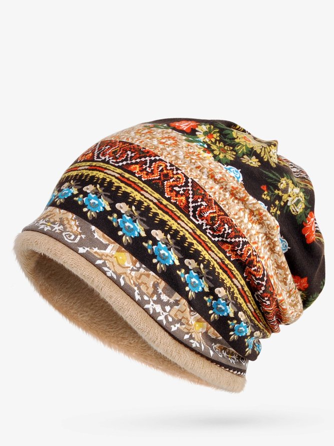 Women Vintage Stripe Print Beanie Outdoor Windproof Snow Hat