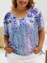Plus Size Casual Geometric Abstract Floral Printed Off Shoulder Loosen Short Sleeve T-Shirt