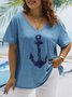 Plus Size Casual Jersey Anchor V Neck T-Shirt