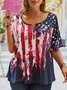 Plus Size Notched Casual America Flag Jersey T-Shirt
