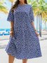 Plus Size Loose Vacation Blue Floral Notched Dress