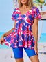 Casual Floral Printing V Neck Tankinis Two-Piece Set