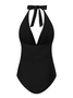Casual Plain Gathered V Neck One Piece Swimsuit