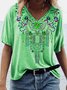 Women Boho Vintage Cotton Floral V Neck  T-Shirts