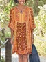 zolucky Half Sleeve Casual Cotton-Blend V Neck Weaving Dress