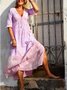 Pink Printed V Neck Boho Weaving Dress for Women
