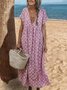 Plus Size Casual V Neck Short Sleeve Printed Maxi Weaving Dress