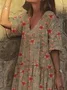 Vintage Plus Size Women Short Sleeve V Neck Floral Printed Casual Weaving Dress