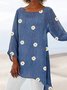 Blue Cotton Round Neck Printed Long Sleeve T-shirt