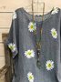Gray Floral-Print Casual Crew Neck Cotton-Blend Top