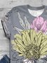 Women Vintage Short Sleeve Statement Floral Printed Crew Neck Plus Size Casual Tops