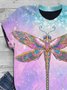Vintage Short Sleeve Dragonfly Printed Crew Neck Casual Top