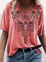 Women Boho Vintage Cotton Floral V Neck  T-Shirts