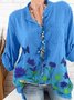 Women Blue Half Sleeve Floral Front Side Pocket Cotton-Blend Shift Top