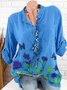 Women Blue Half Sleeve Floral Front Side Pocket Cotton-Blend Shift Top
