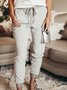 Light Gray Casual Drawstring Cotton-Blend Solid Pants