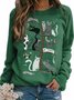 Vintage Statement Cat Printed Long Sleeve Crew Neck Casual Top