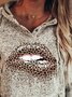Gray Leopard Lip Pockets Hoodie Long Sleeve Cotton Sweatshirts