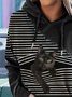 Black Cat Print Patchwork Striped Long Sleeve Hooded Sweatshirts